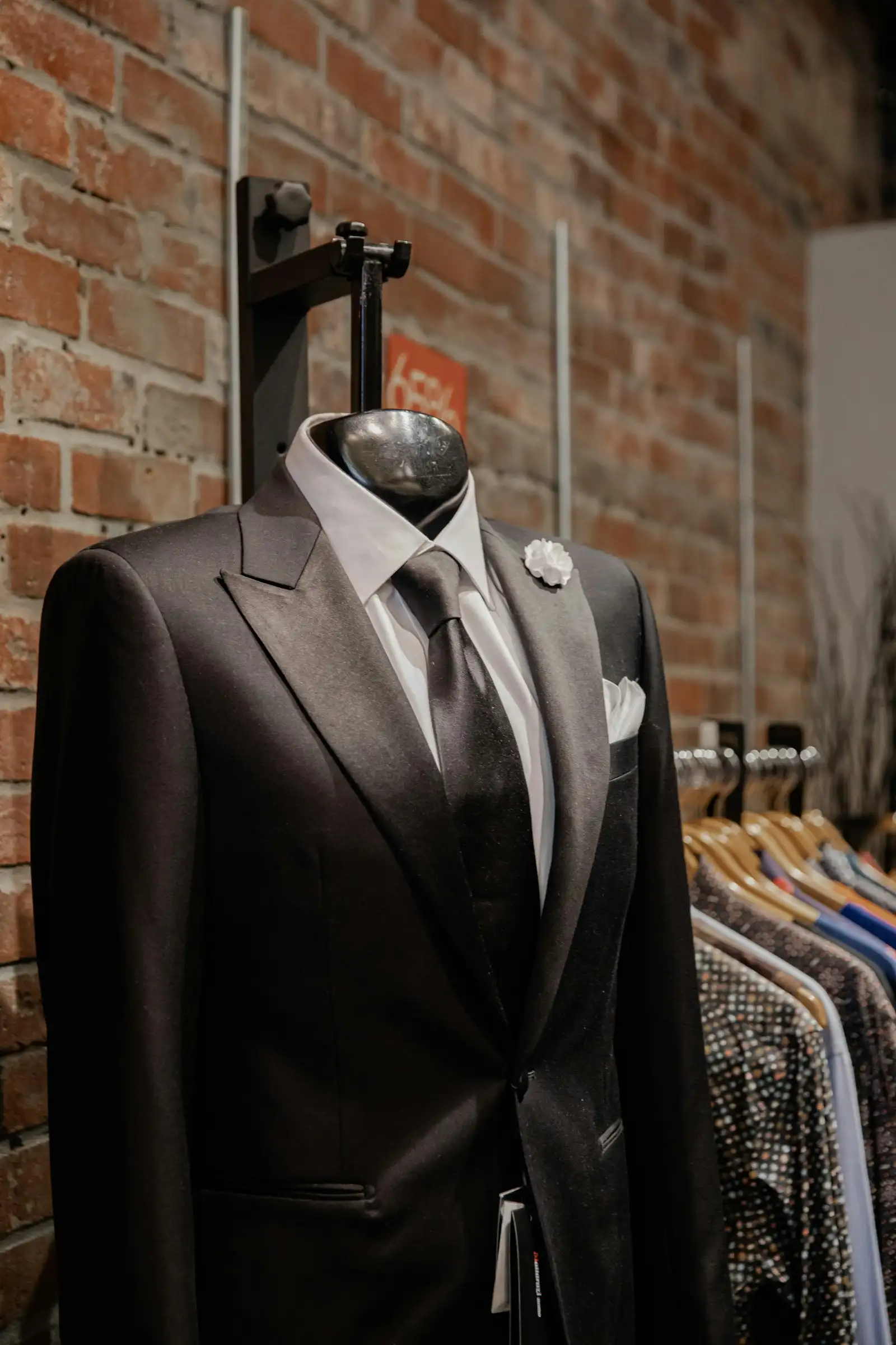 A tuxedo on display with a rack of suits at Weber's Clothing